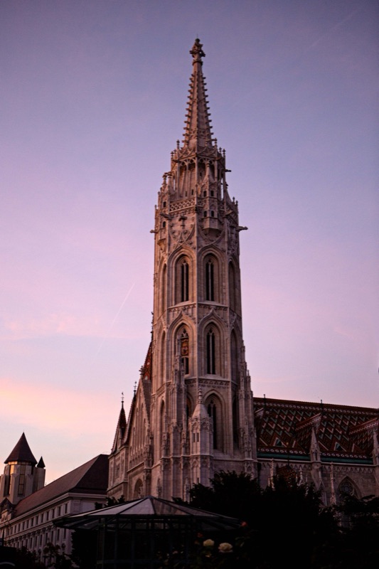 Gothic church spire at dusk