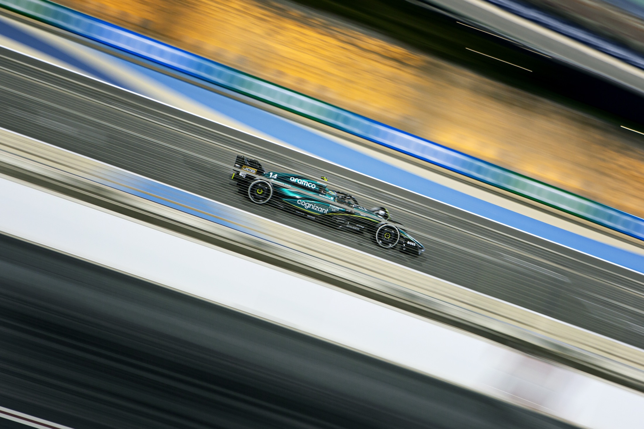 Aston Martin Formula 1 car, motion blur, Bahrain
